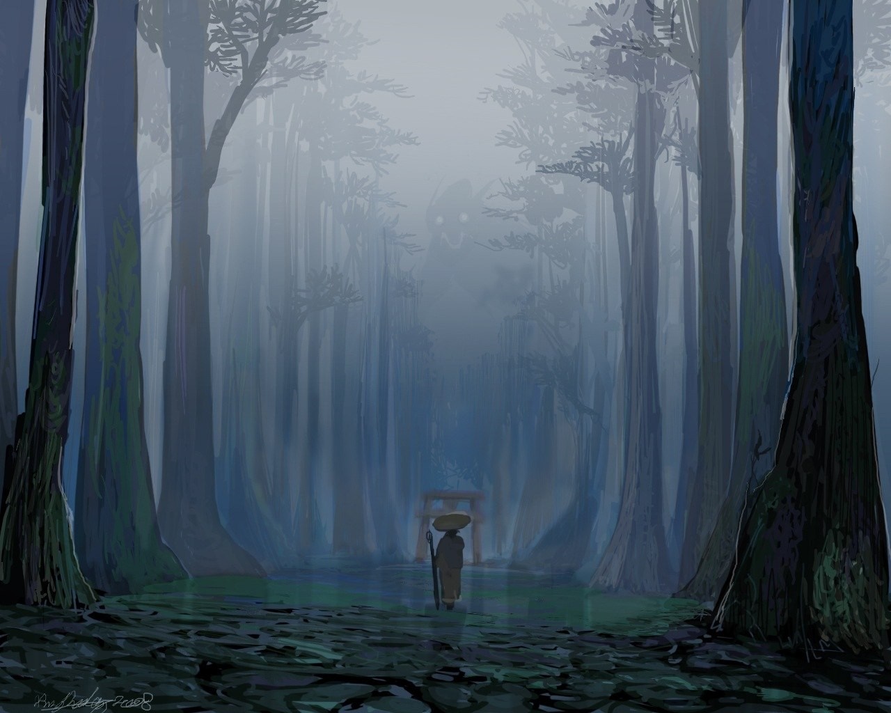 A lone figure walks through a misty forest towards a torii gate. HD Wallpaper