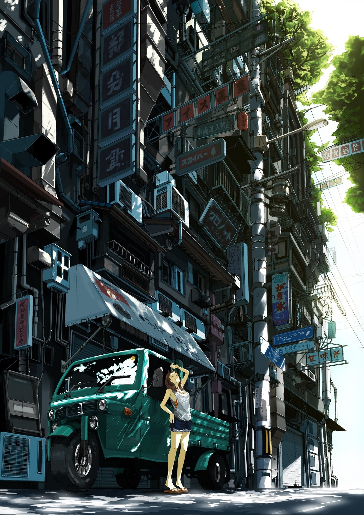 Anime girl standing next to a green truck in a city street HD Wallpaper