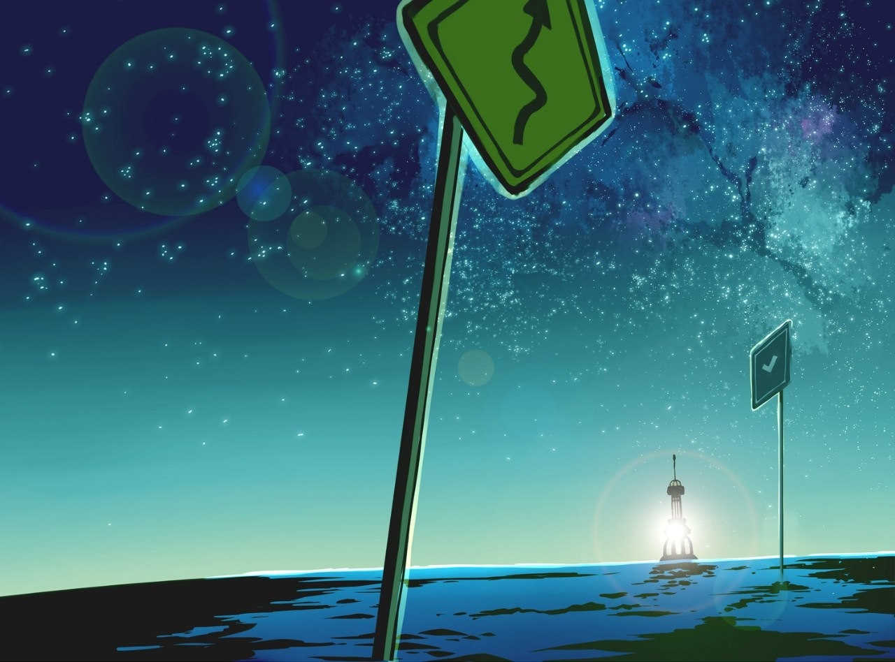 Illustration of a winding road sign under a starry night sky HD Wallpaper
