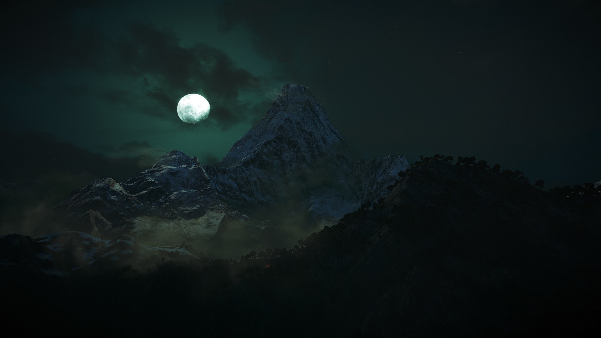 Moonlit mountain landscape at night HD Wallpaper