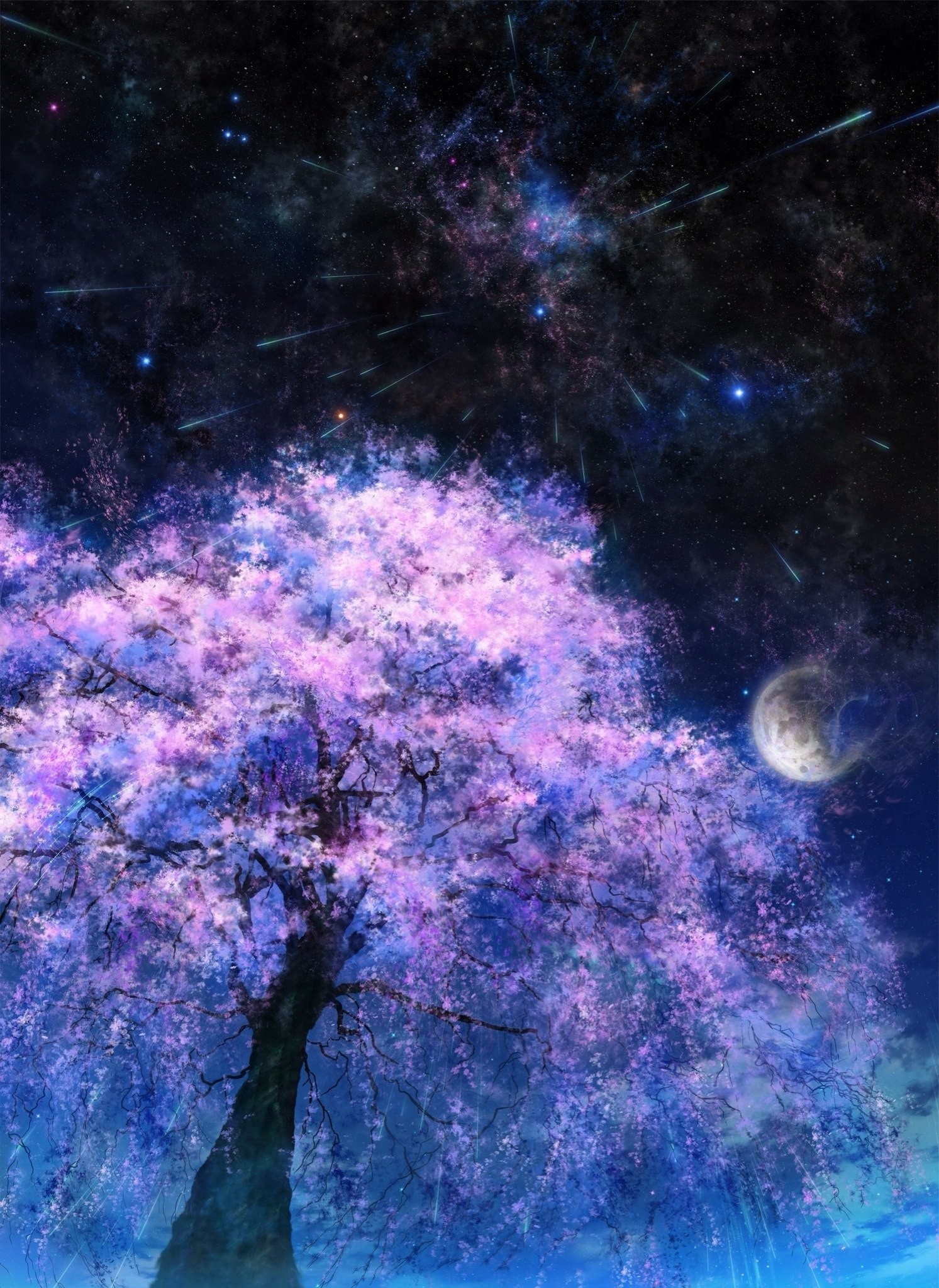 Fantasy art of a blooming tree under a starry sky HD Wallpaper