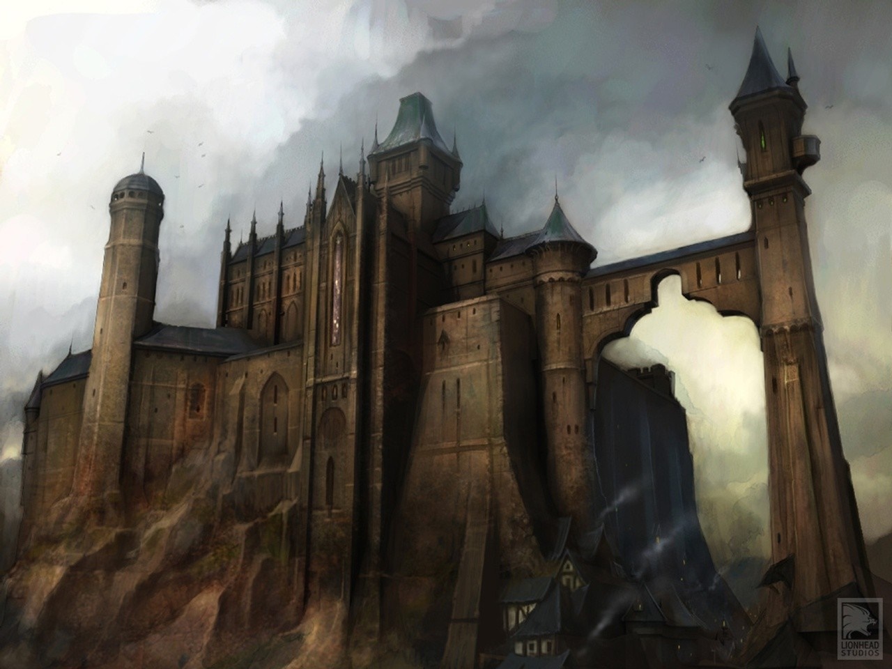 A dark, imposing castle built on a rocky cliff HD Wallpaper