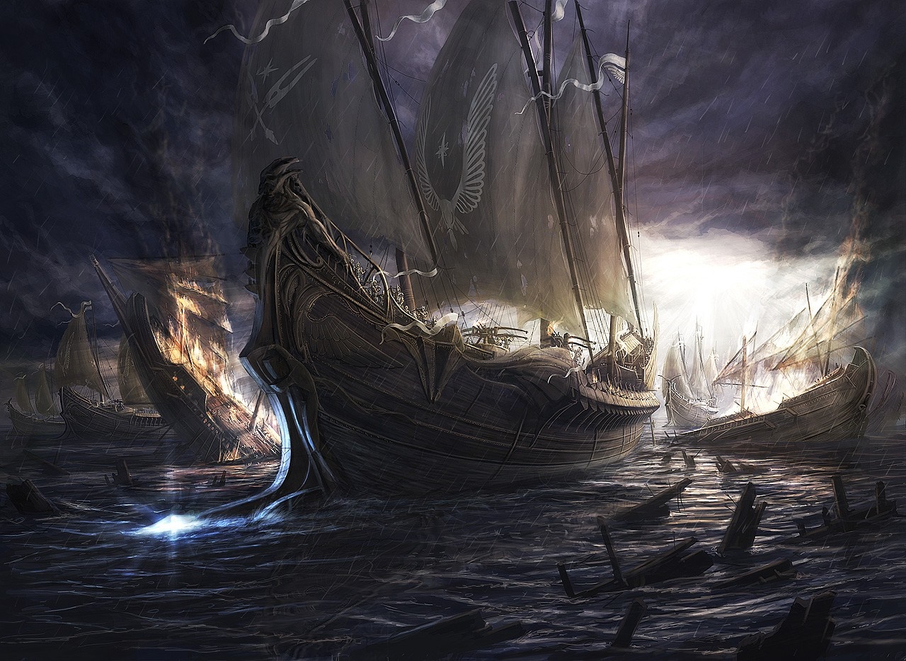 Ghost ships in a stormy sea with sunlight HD Wallpaper