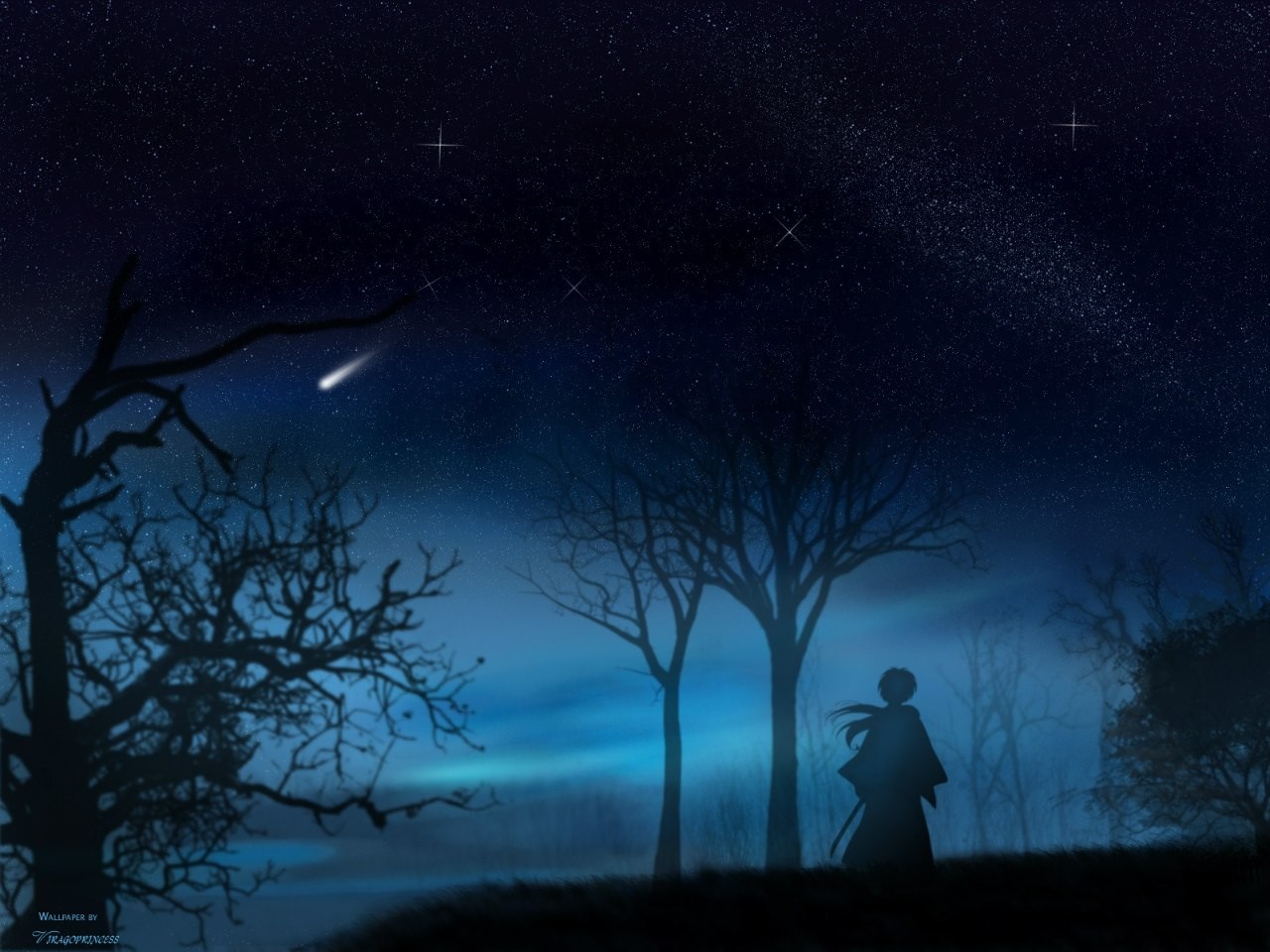 Silhouette of a person with a sword under a starry night sky HD Wallpaper