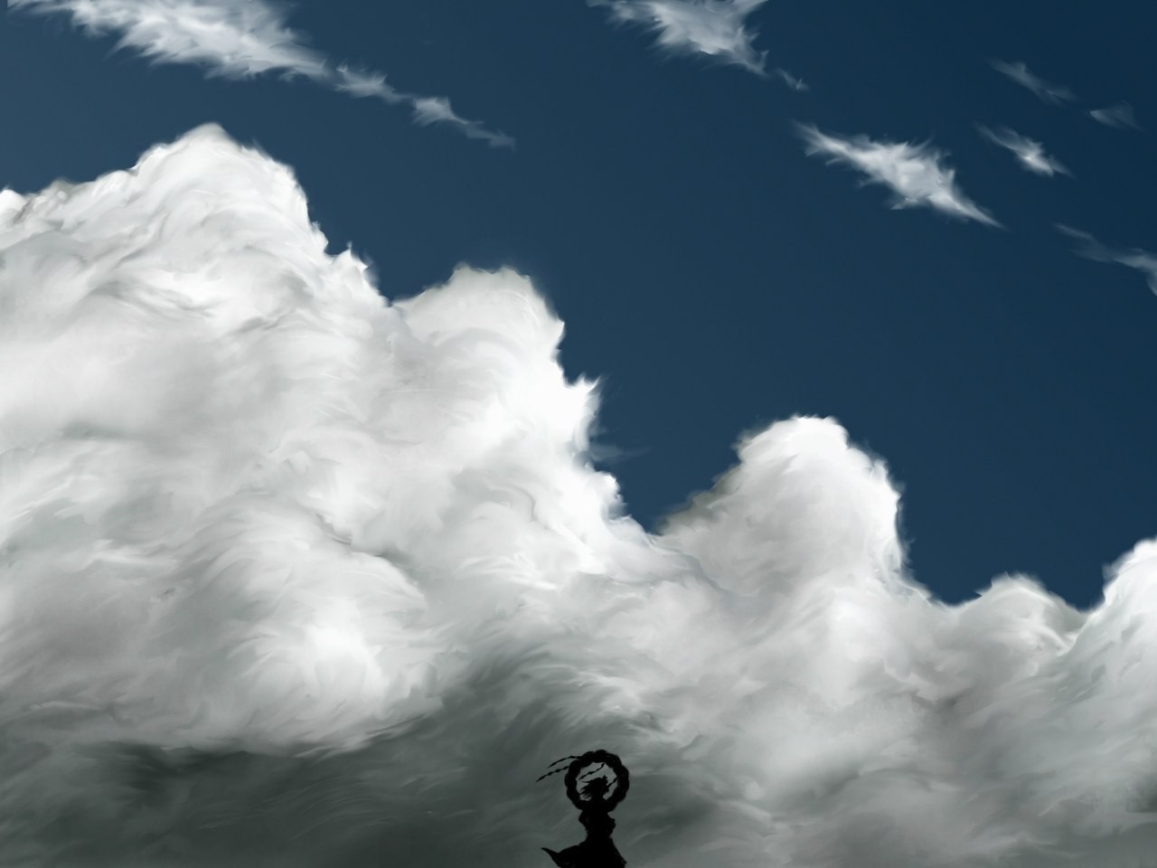 Anime silhouette against dramatic clouds HD Wallpaper