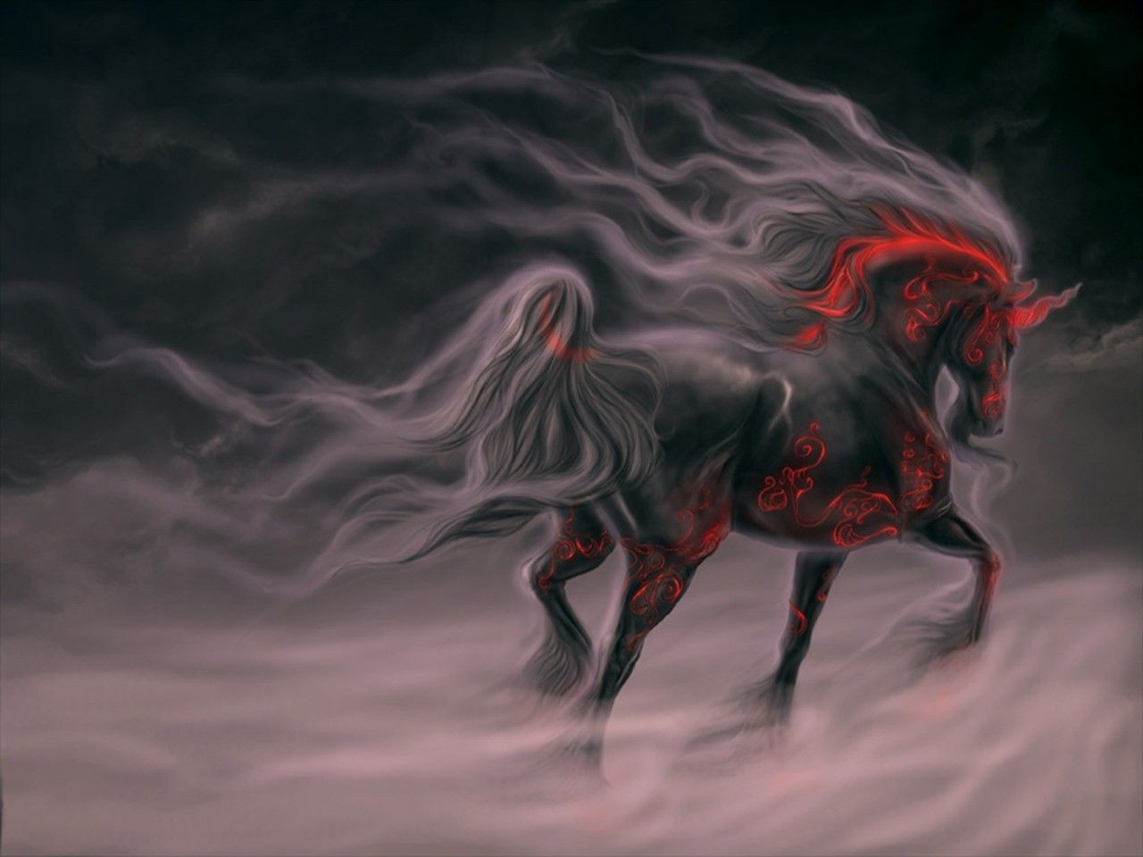 Fantasy art of a dark unicorn with red glowing patterns HD Wallpaper