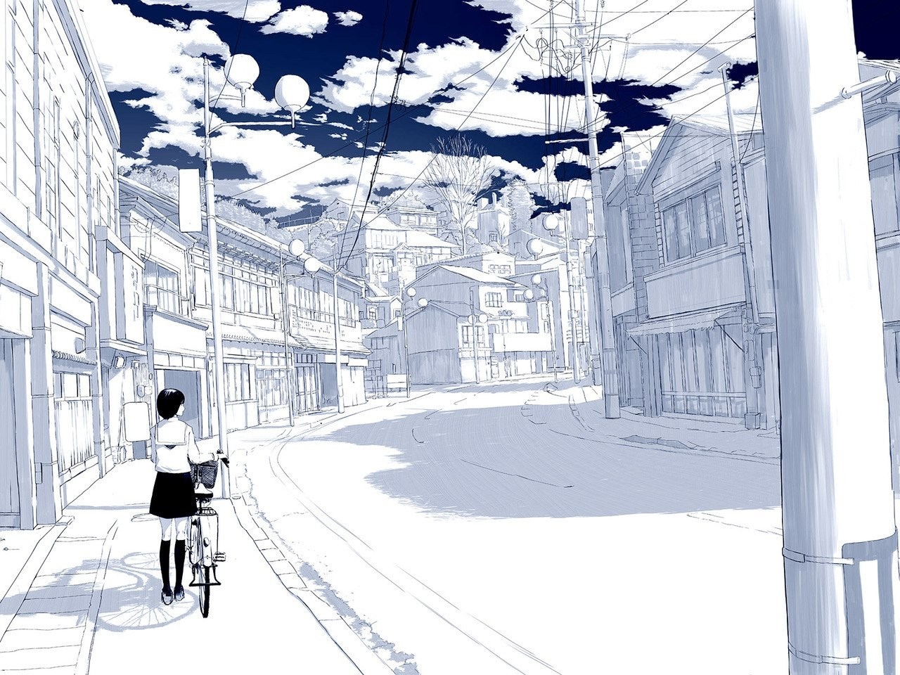 Girl with bicycle on a street with buildings and clouds HD Wallpaper