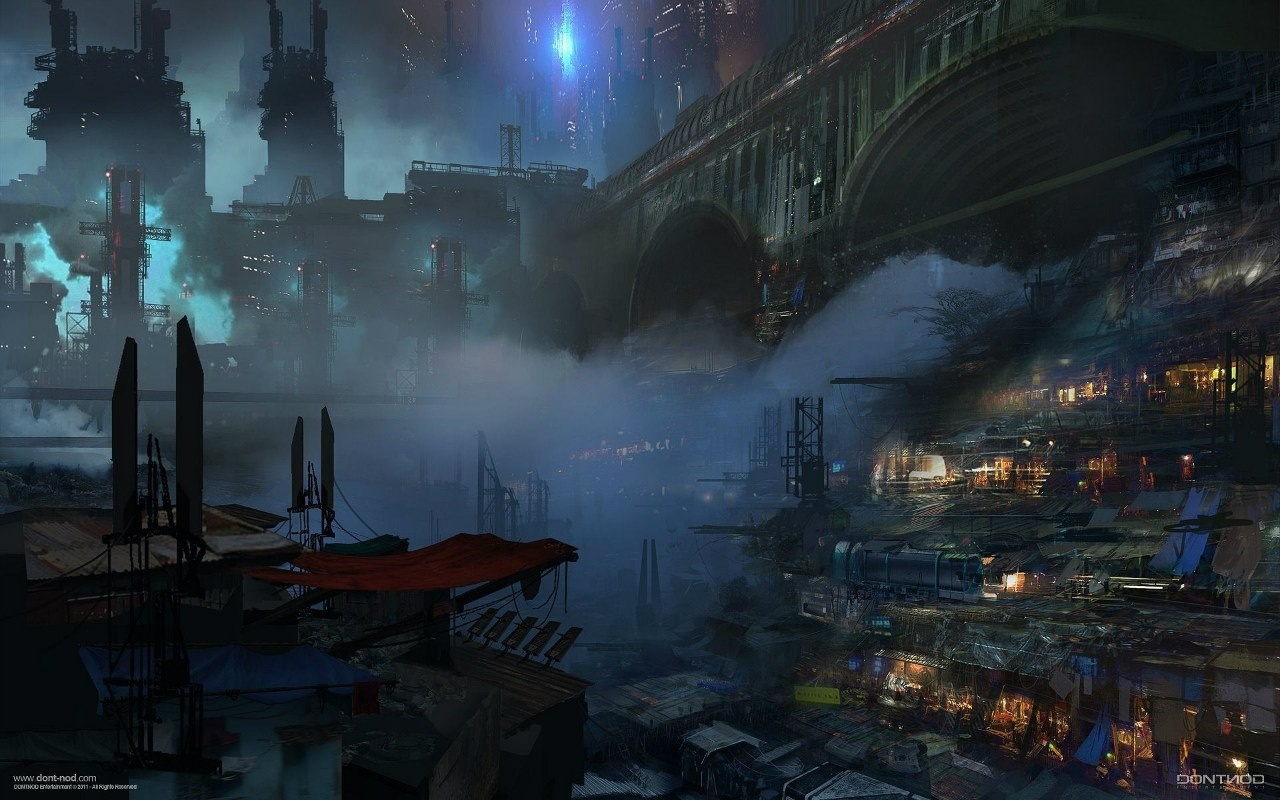 Futuristic industrial cityscape at night with fog HD Wallpaper