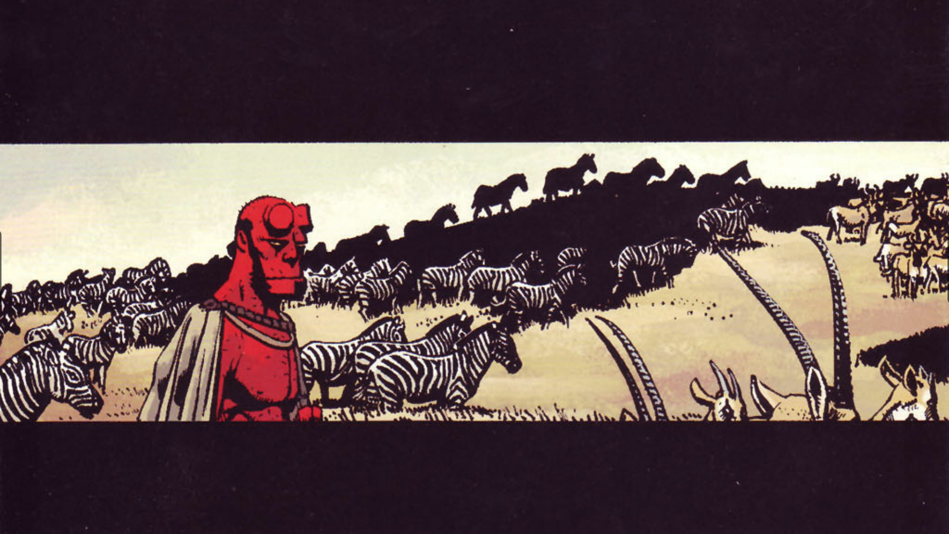 Hellboy in a savanna with zebras and antelopes HD Wallpaper