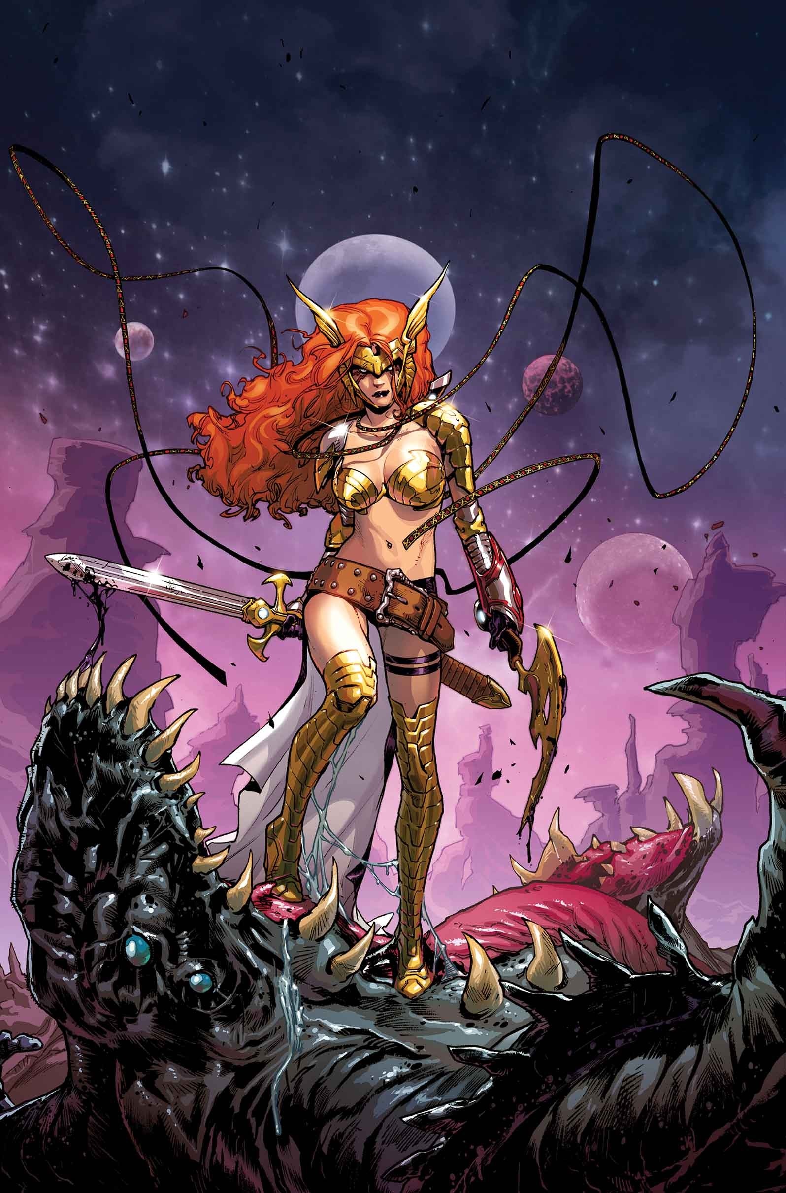 Angela from Marvel Comics standing on a monster HD Wallpaper