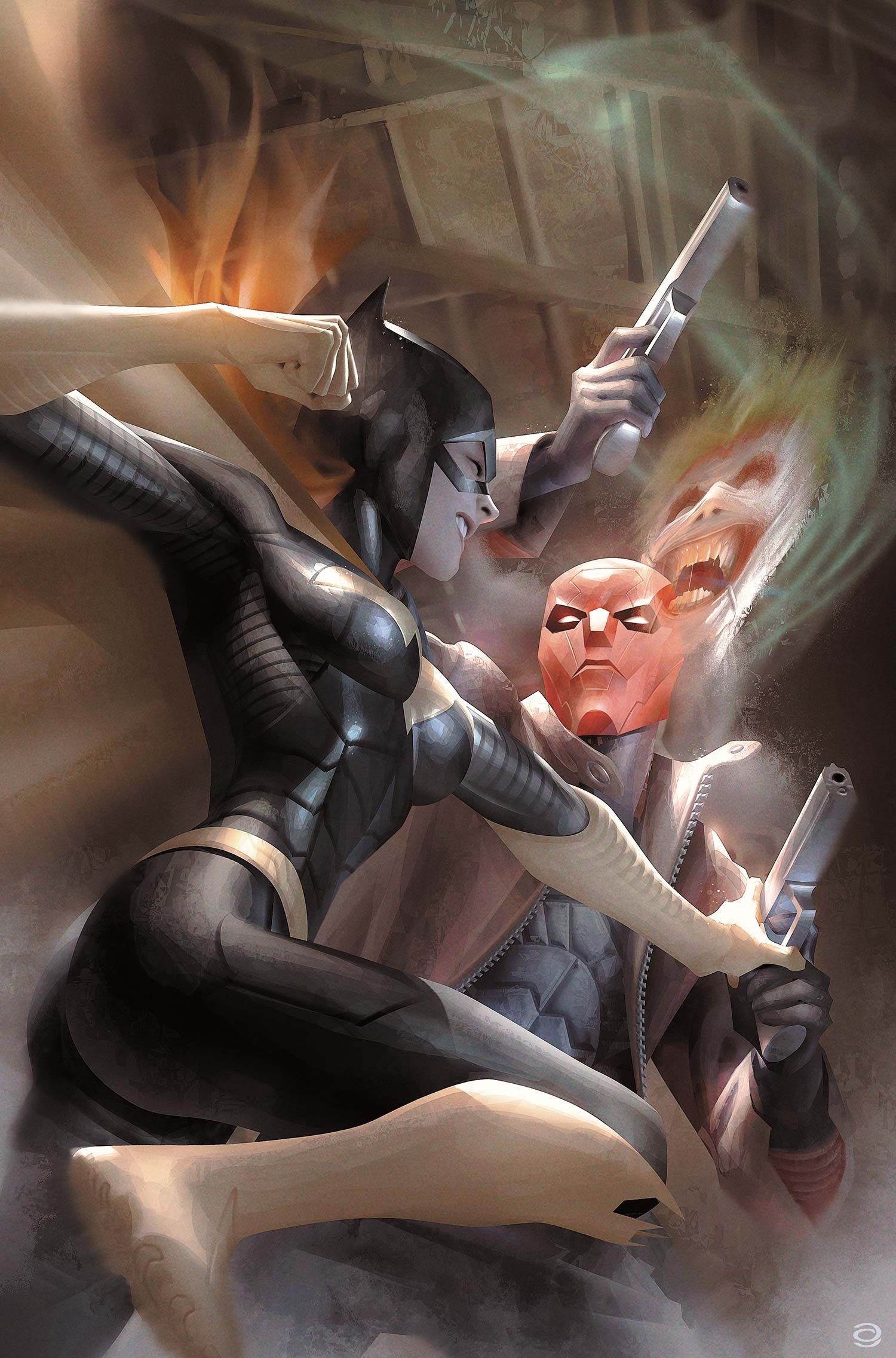 Batgirl fighting Red Hood with Joker's apparition HD Wallpaper
