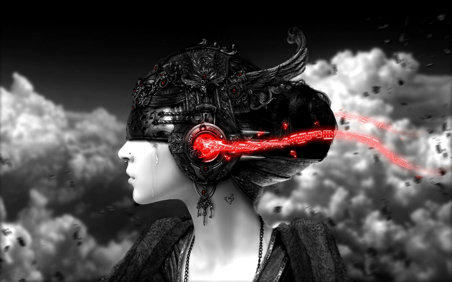 Woman with elaborate headphones and red light HD Wallpaper