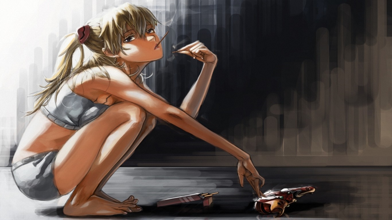 Asuka Langley Soryu from Neon Genesis Evangelion smoking HD Wallpaper