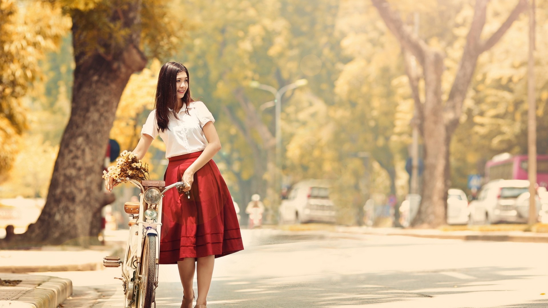 Asian woman with bicycle and flowers HD Wallpaper