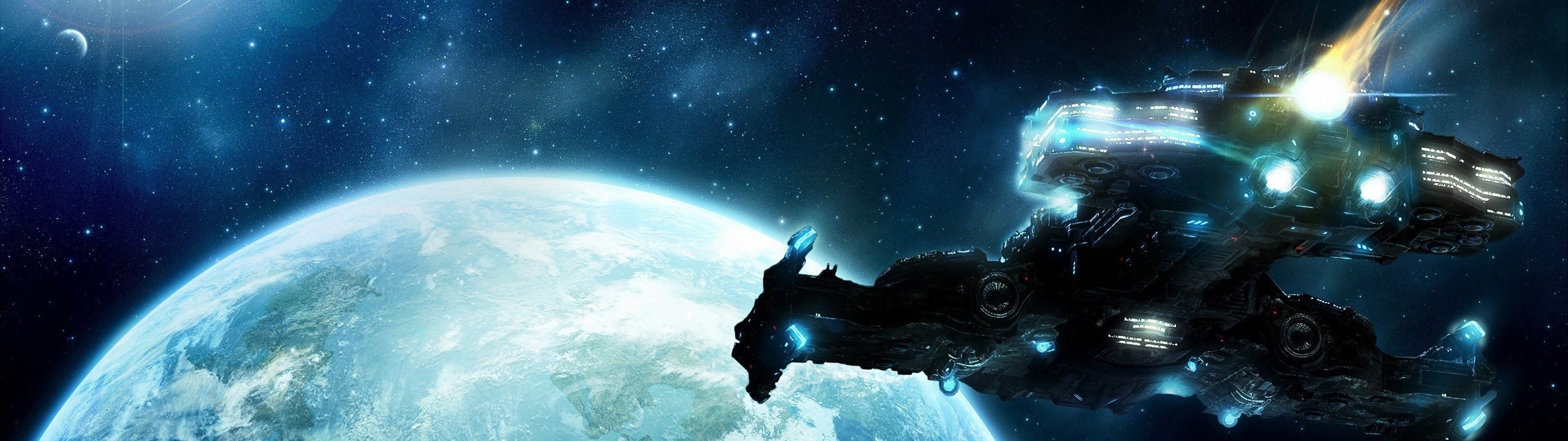 Starcraft II Spaceship over a Planet HD Wallpaper
