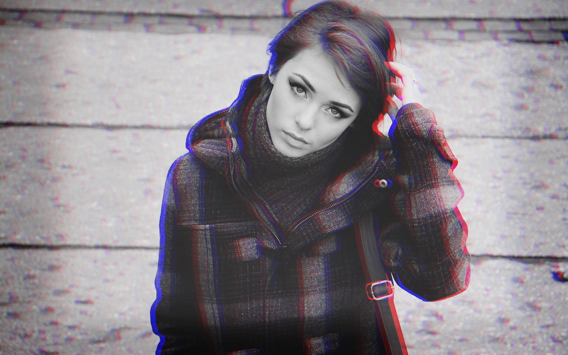 Woman with short hair wearing a plaid coat and turtleneck HD Wallpaper