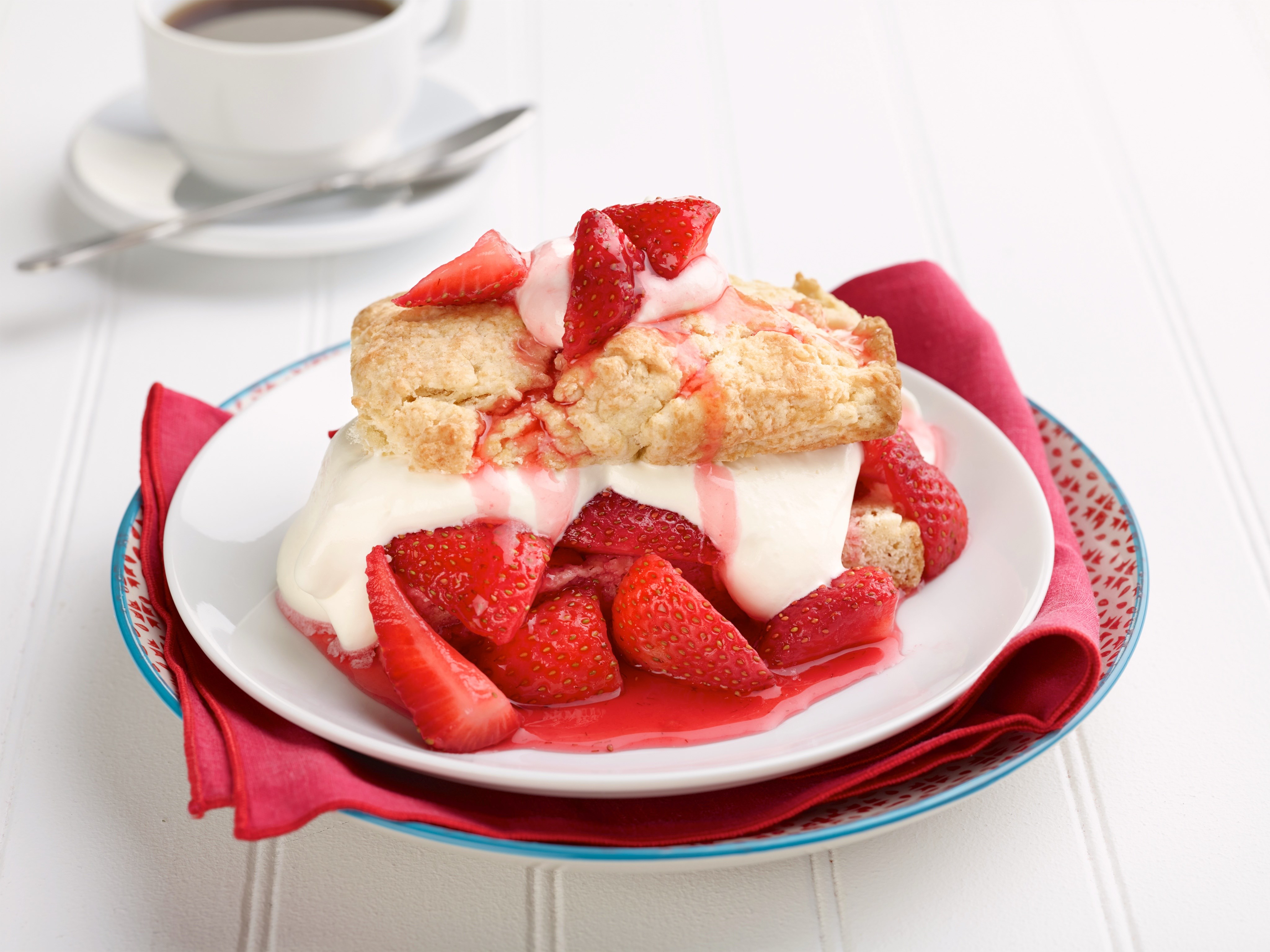 Strawberry Shortcake with Whipped Cream and Coffee HD Wallpaper