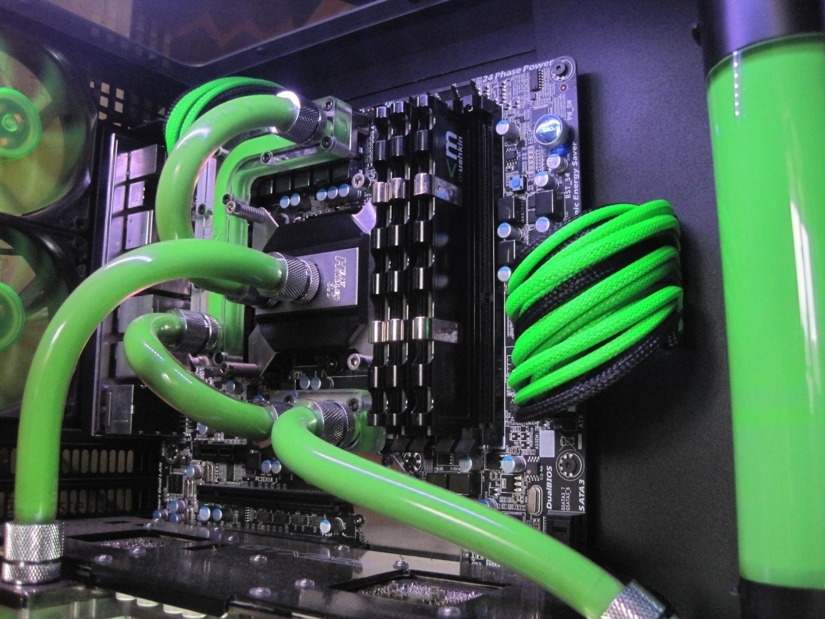 Custom PC with green water cooling and RGB fans HD Wallpaper