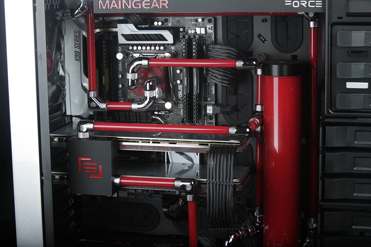 Custom water-cooled MAINGEAR PC with red tubing HD Wallpaper