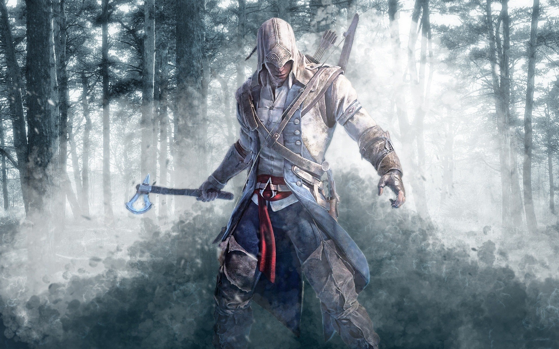 Connor from Assassin's Creed in a snowy forest HD Wallpaper