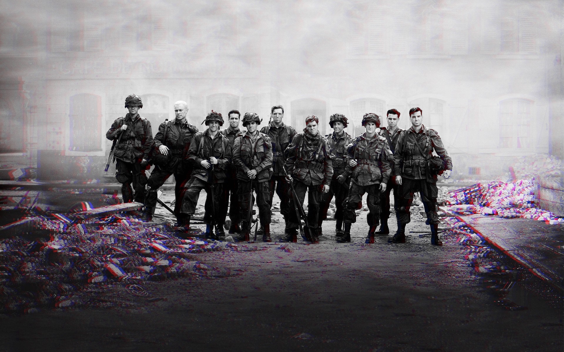 Soldiers from Band of Brothers in front of a building HD Wallpaper