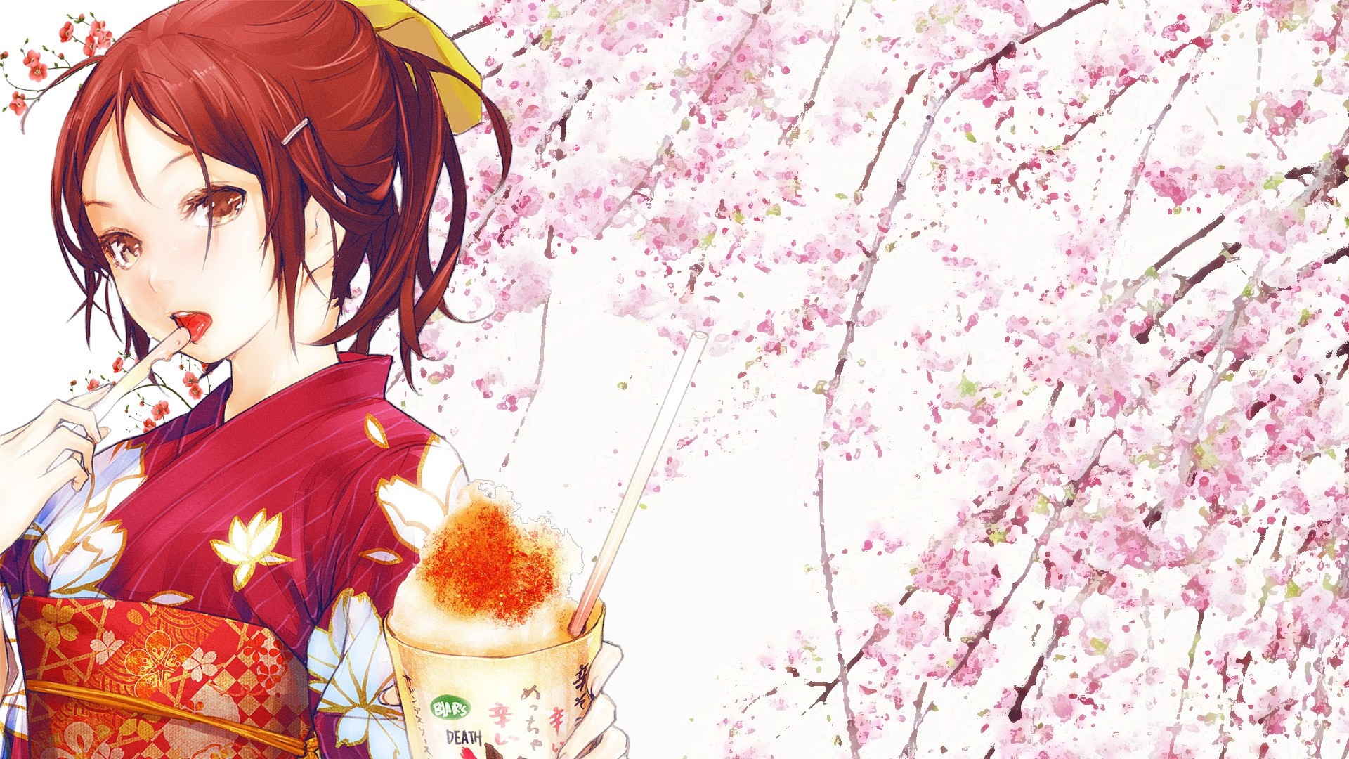 Anime girl in kimono eating shaved ice under cherry blossoms HD Wallpaper