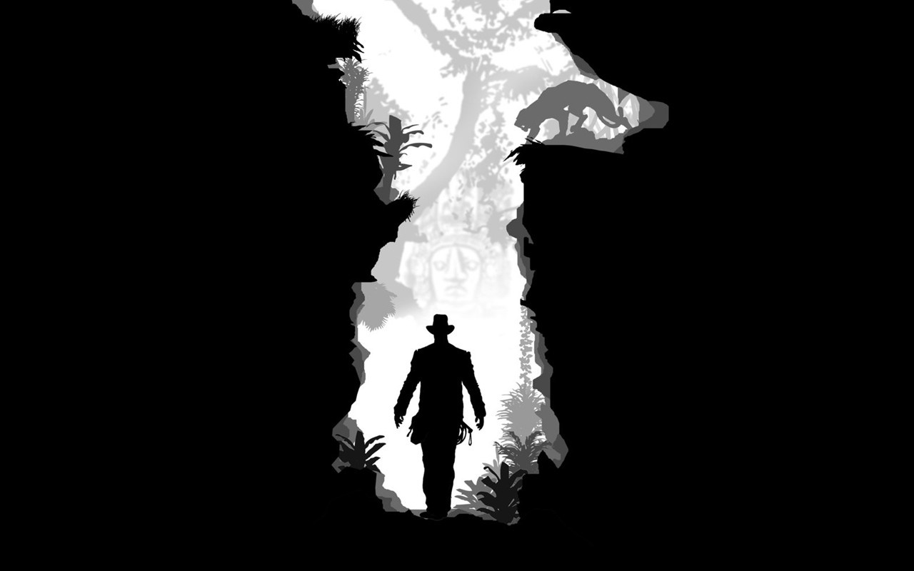 Indiana Jones in a jungle with a jaguar and ancient statue HD Wallpaper