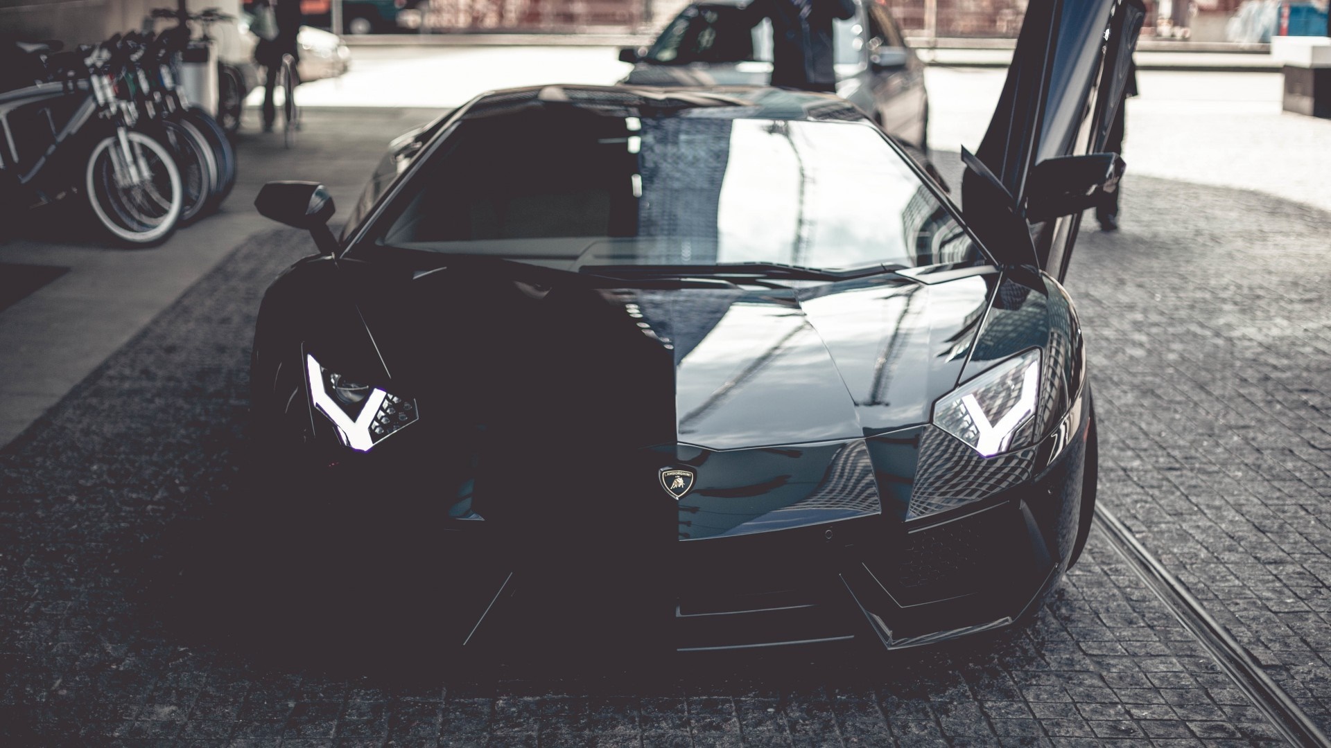 Black Lamborghini Aventador with Scissor Doors HD Wallpaper