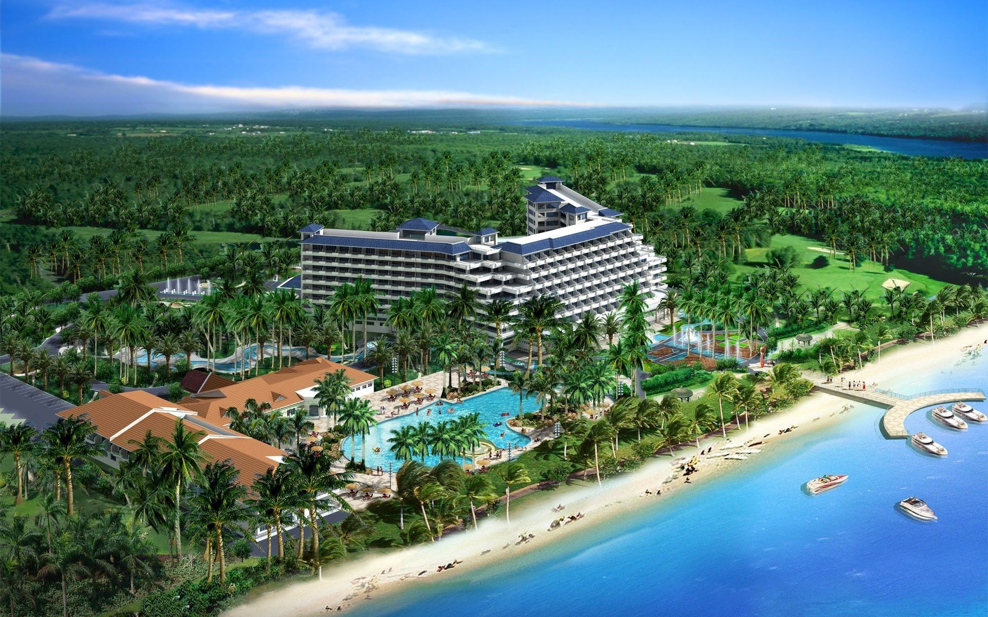 Aerial view of a tropical resort with a beach and ocean HD Wallpaper