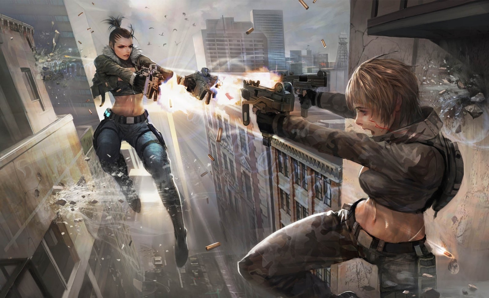 Two women in tactical gear engaged in a gunfight on rooftops HD Wallpaper