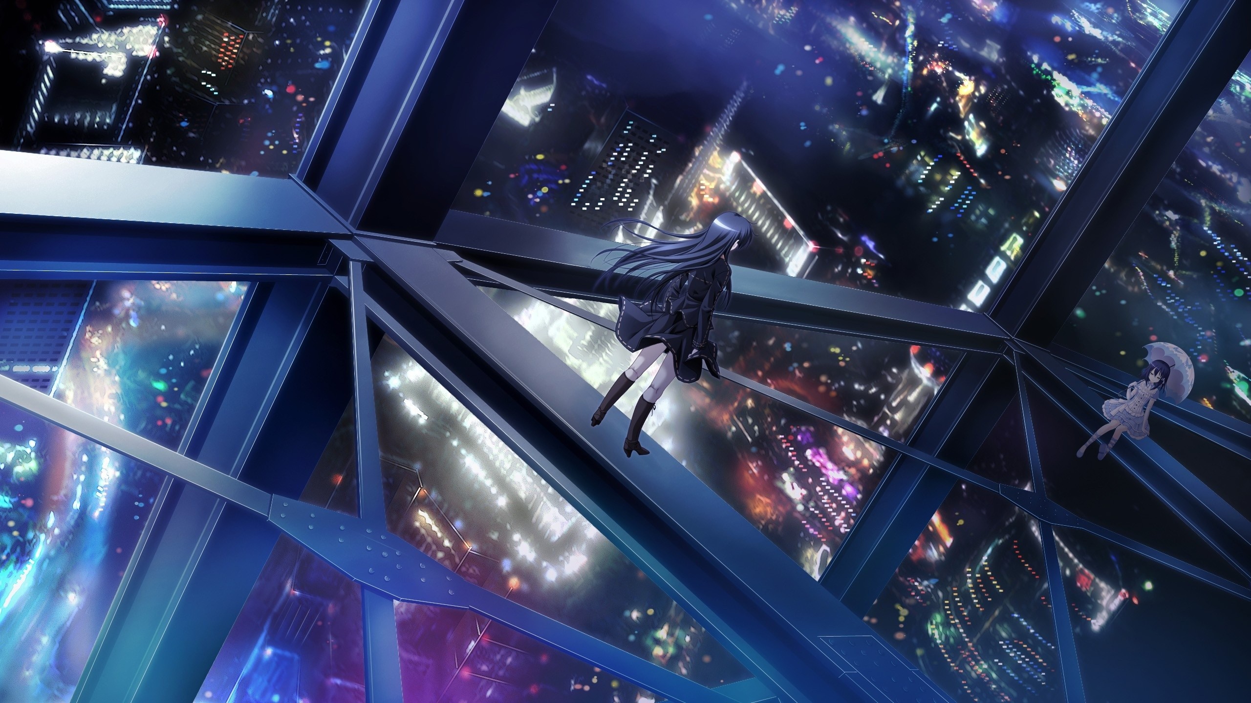 Anime girls on a futuristic skyscraper overlooking a city HD Wallpaper