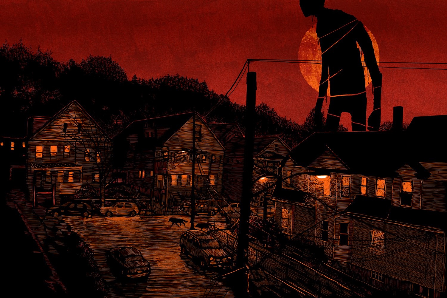 Giant silhouetted figure looms over a suburban neighborhood at night HD Wallpaper