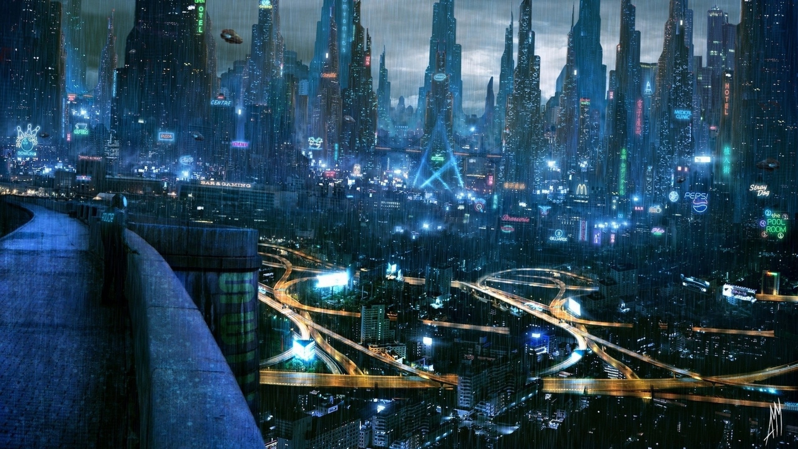 Cyberpunk city skyline at night with rain HD Wallpaper