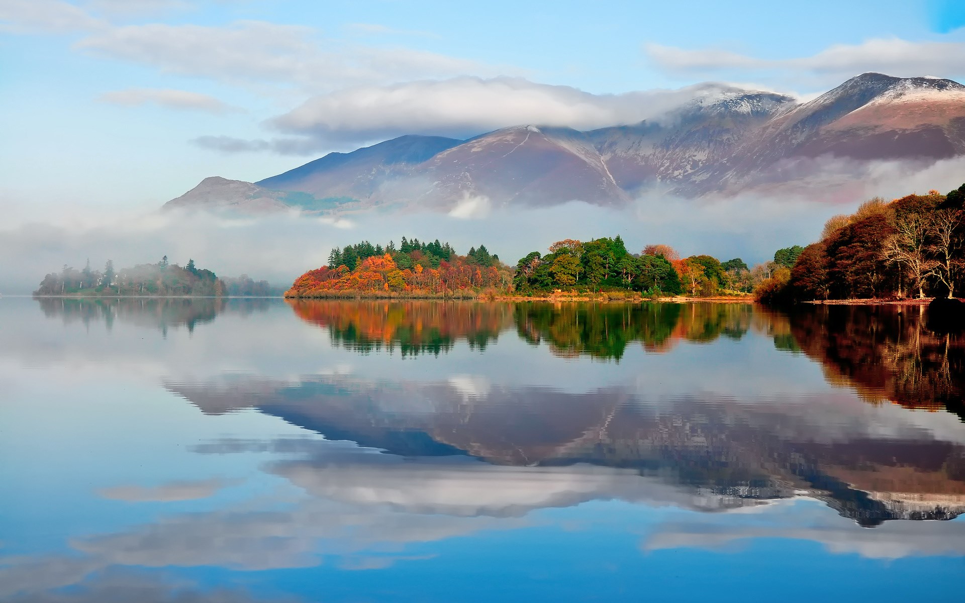 Autumn islands reflected in a calm lake with mountains HD Wallpaper