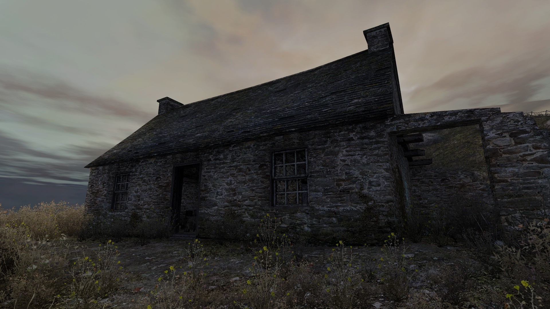 Ruined stone house in a rural area at dusk HD Wallpaper