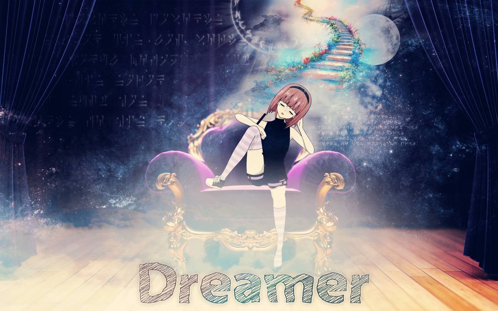 Anime girl sitting on a throne with a dreamscape background HD Wallpaper