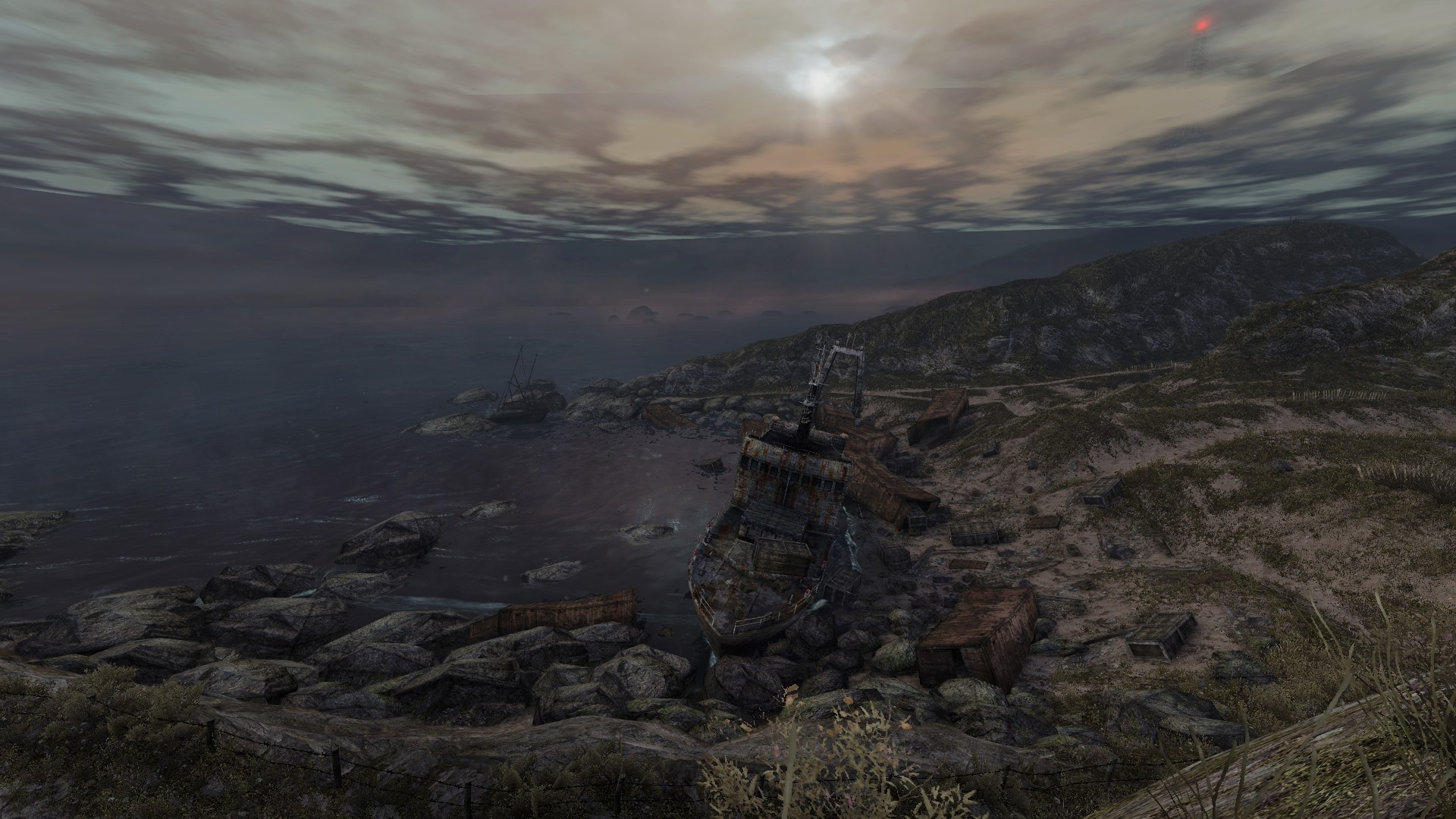 Wrecked ships on a rocky coast under a cloudy sky HD Wallpaper