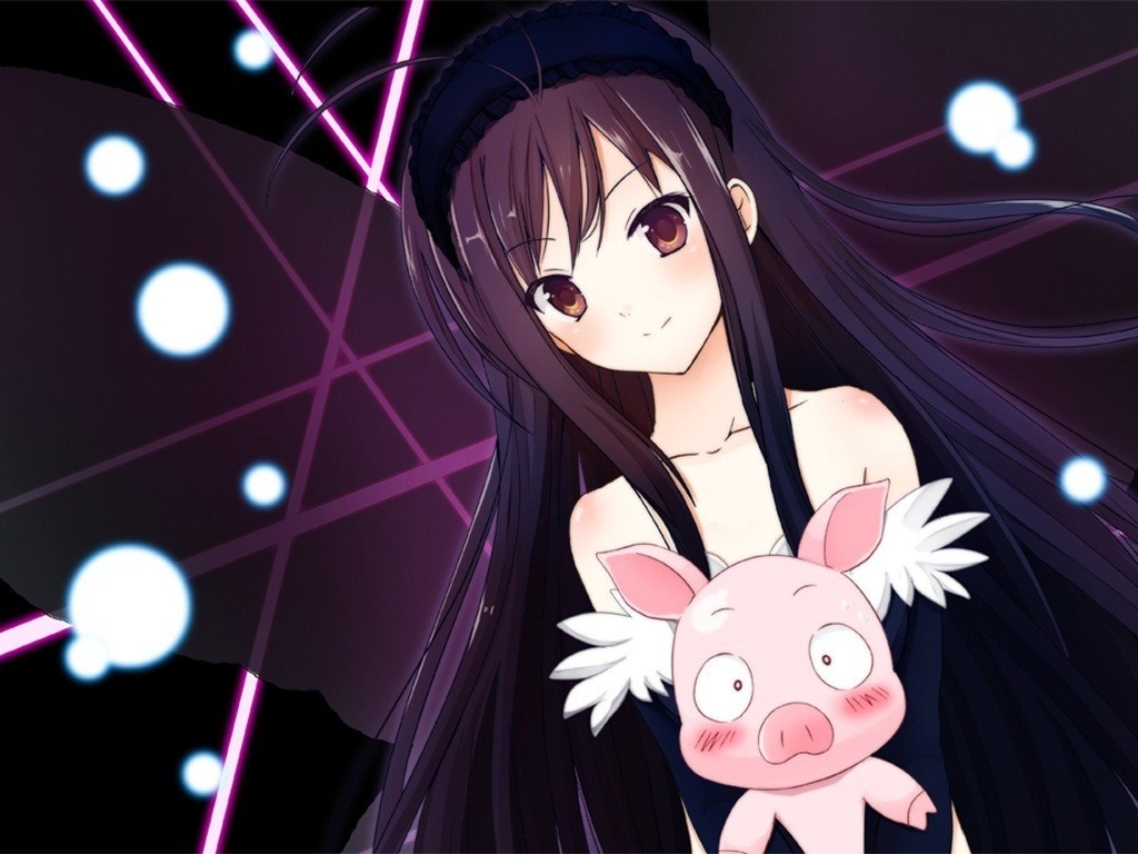 Kuroyukihime from Accel World with a pig plush HD Wallpaper