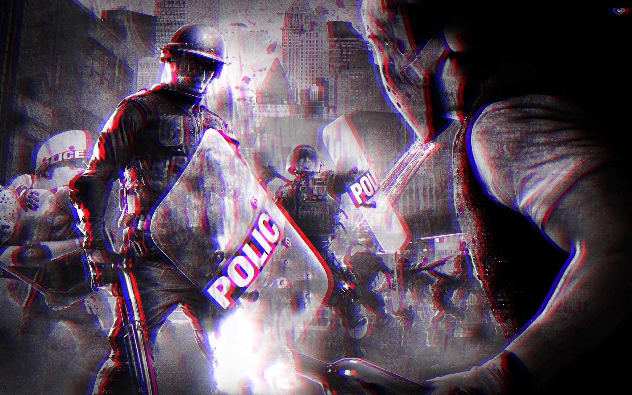 Police riot response in urban chaos with anaglyph 3D effect HD Wallpaper
