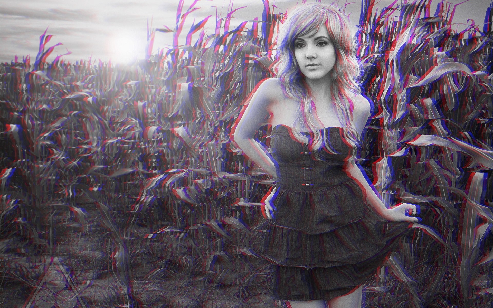 Woman in a cornfield with 3D effect HD Wallpaper
