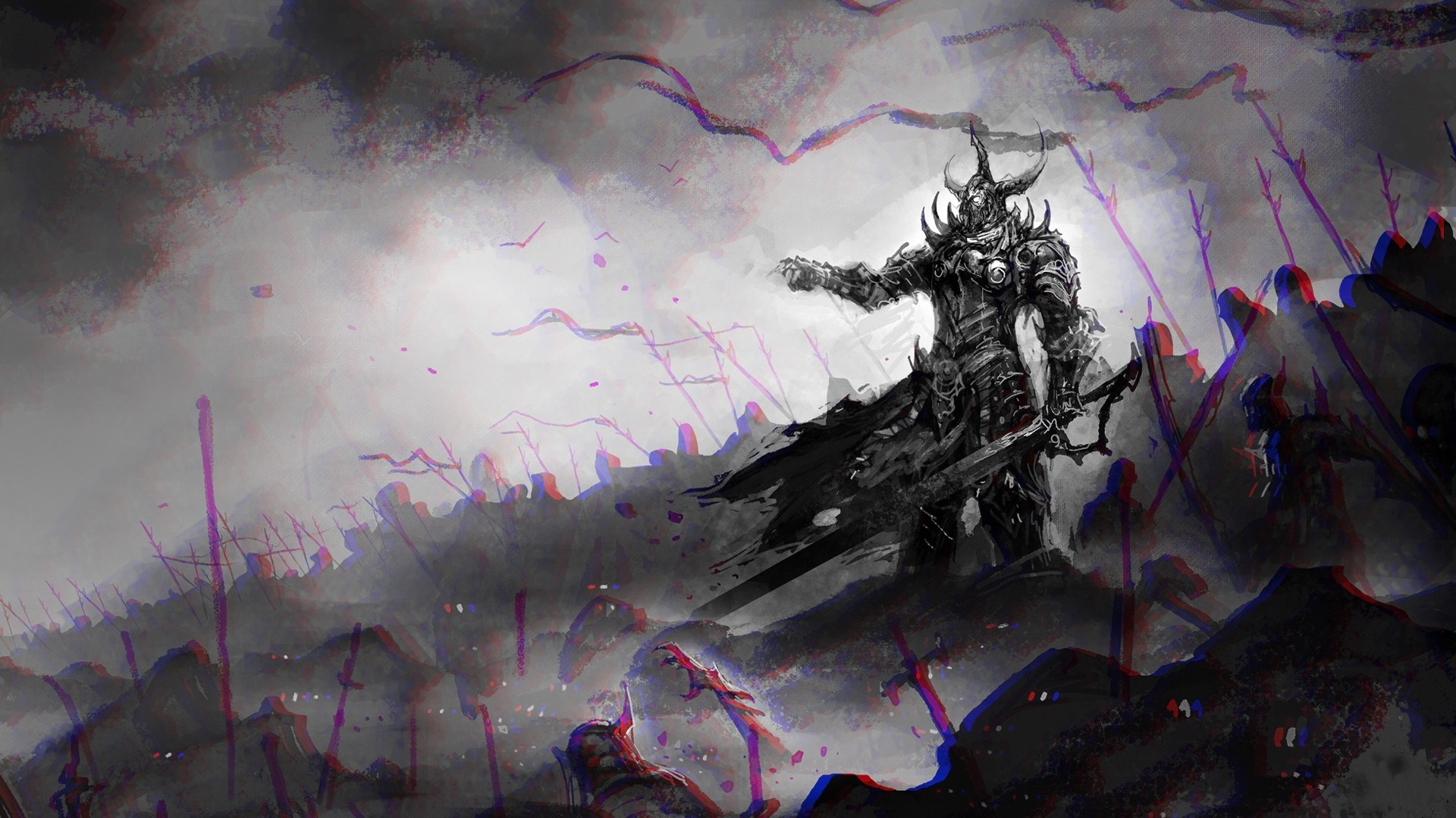 Anaglyph 3D image of a dark warrior leading an army HD Wallpaper