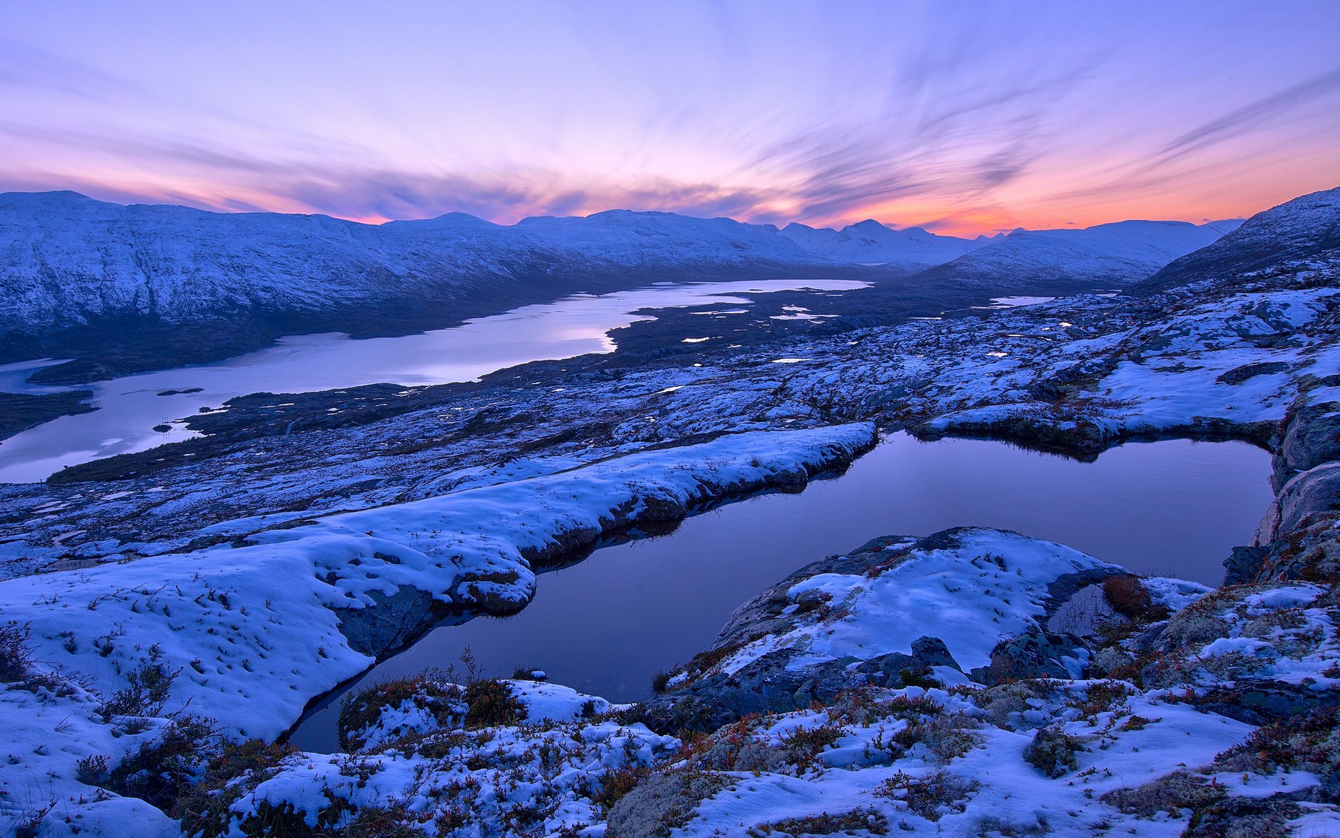 Snowy mountains and lake at sunset HD Wallpaper
