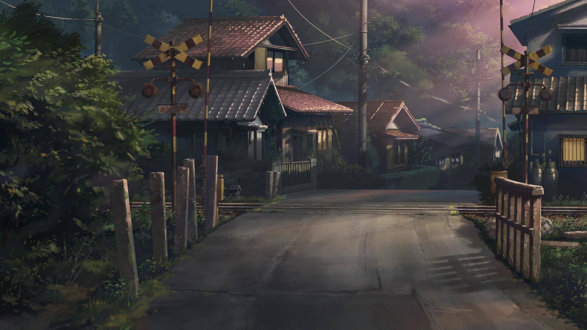 Anime railway crossing with houses and trees HD Wallpaper
