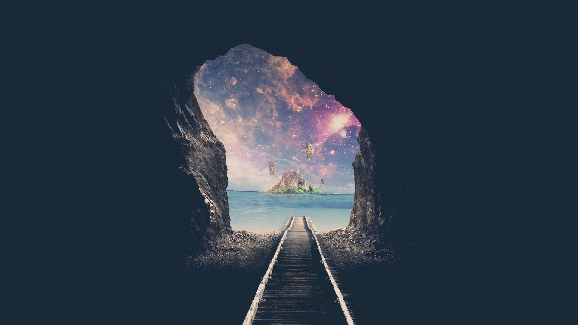 Fantasy island with castle and floating islands in space HD Wallpaper