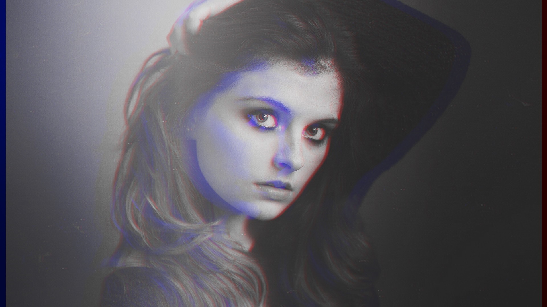 Woman with anaglyph 3D effect and blue and red overlay HD Wallpaper
