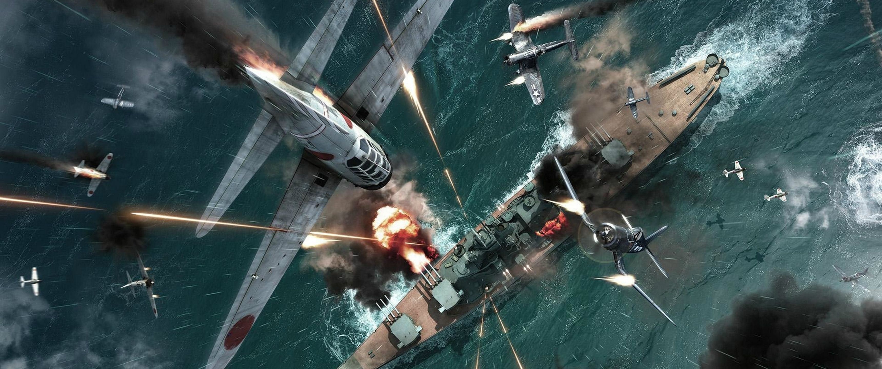 World War II aerial combat over a battleship HD Wallpaper