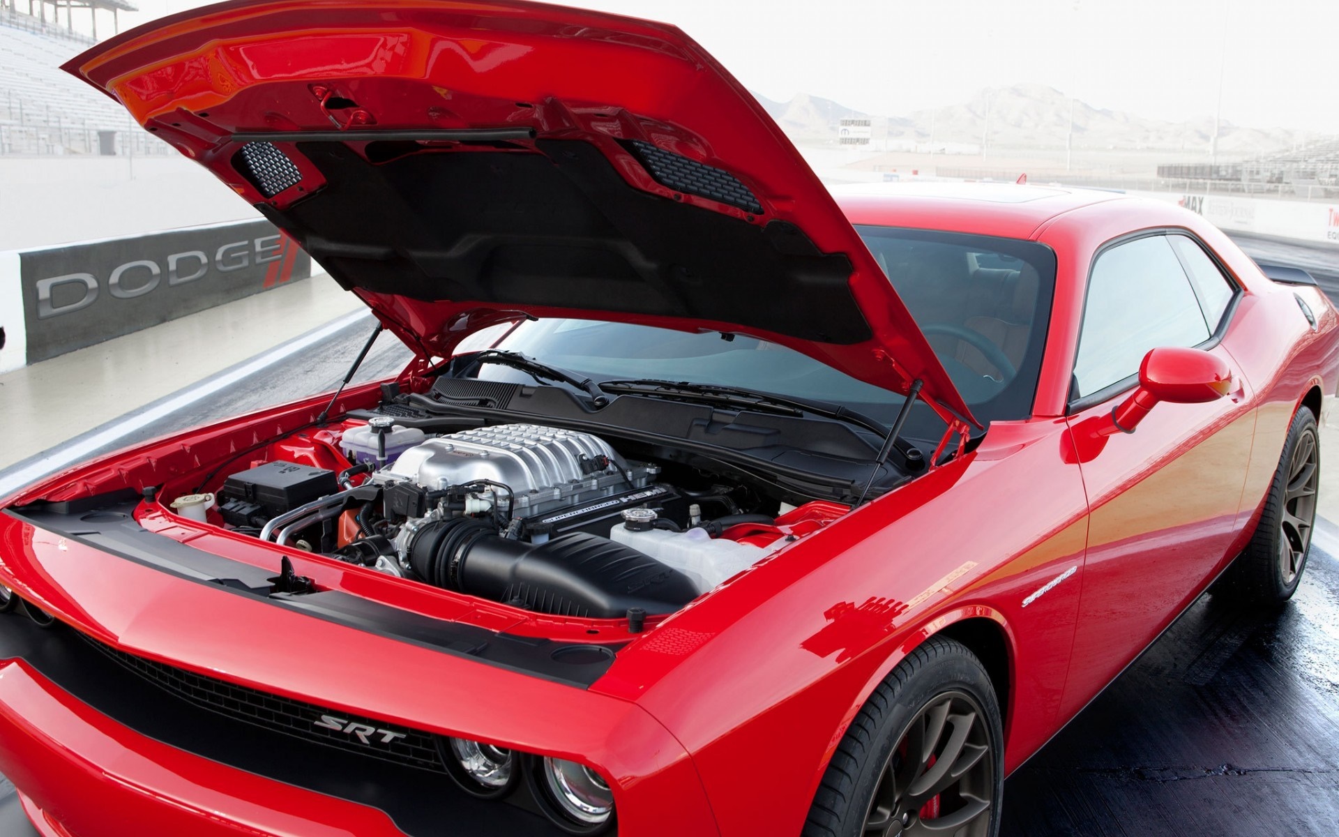 Red Dodge Challenger SRT Hellcat with Hood Open HD Wallpaper