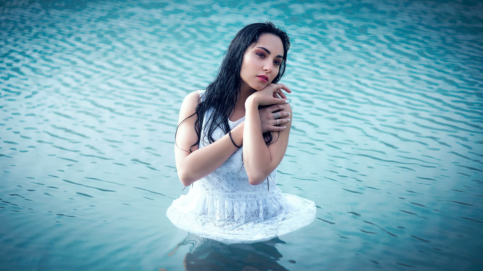 Woman in white dress standing in blue water HD Wallpaper
