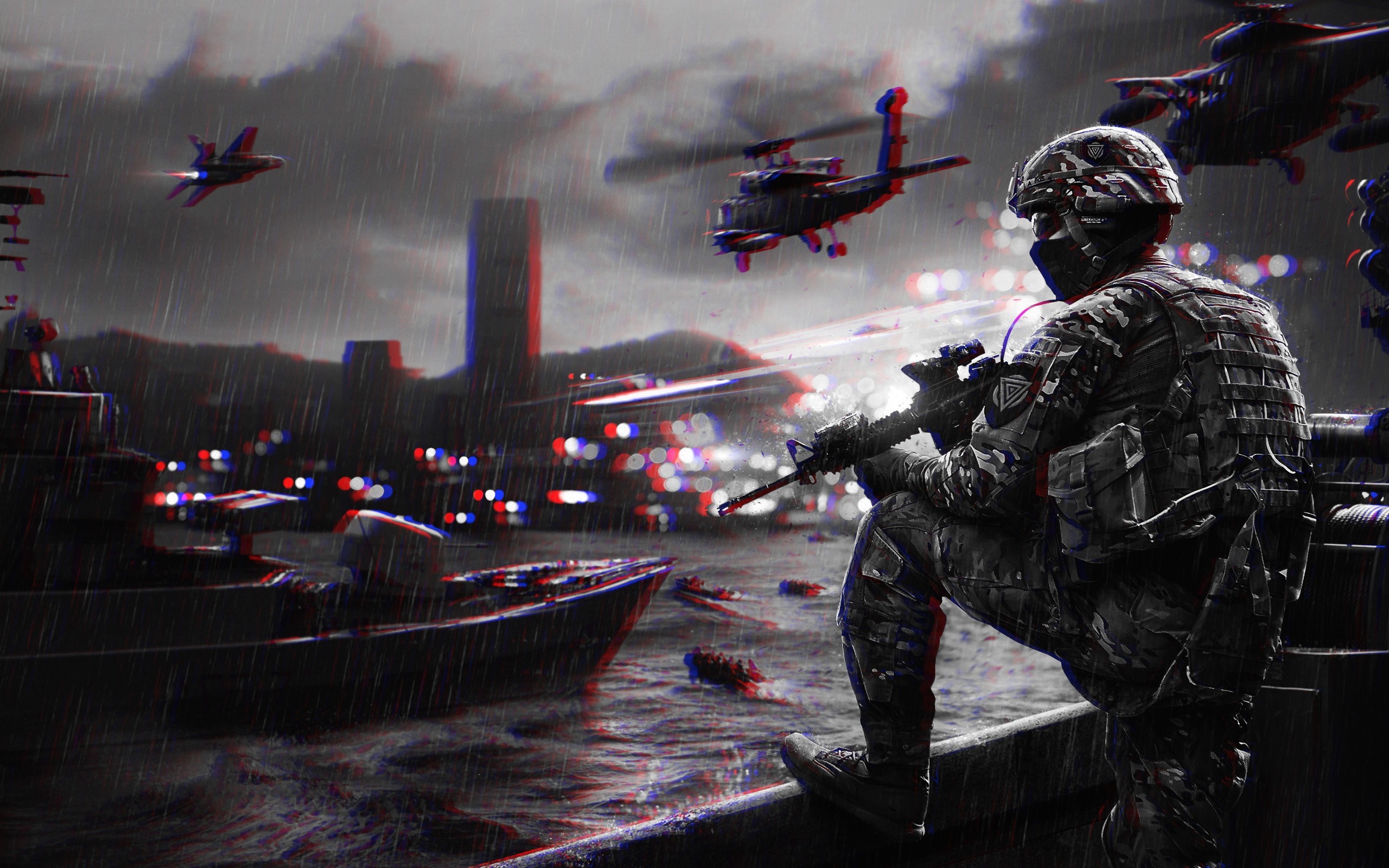 Soldier with rifle on a ship overlooking a city HD Wallpaper