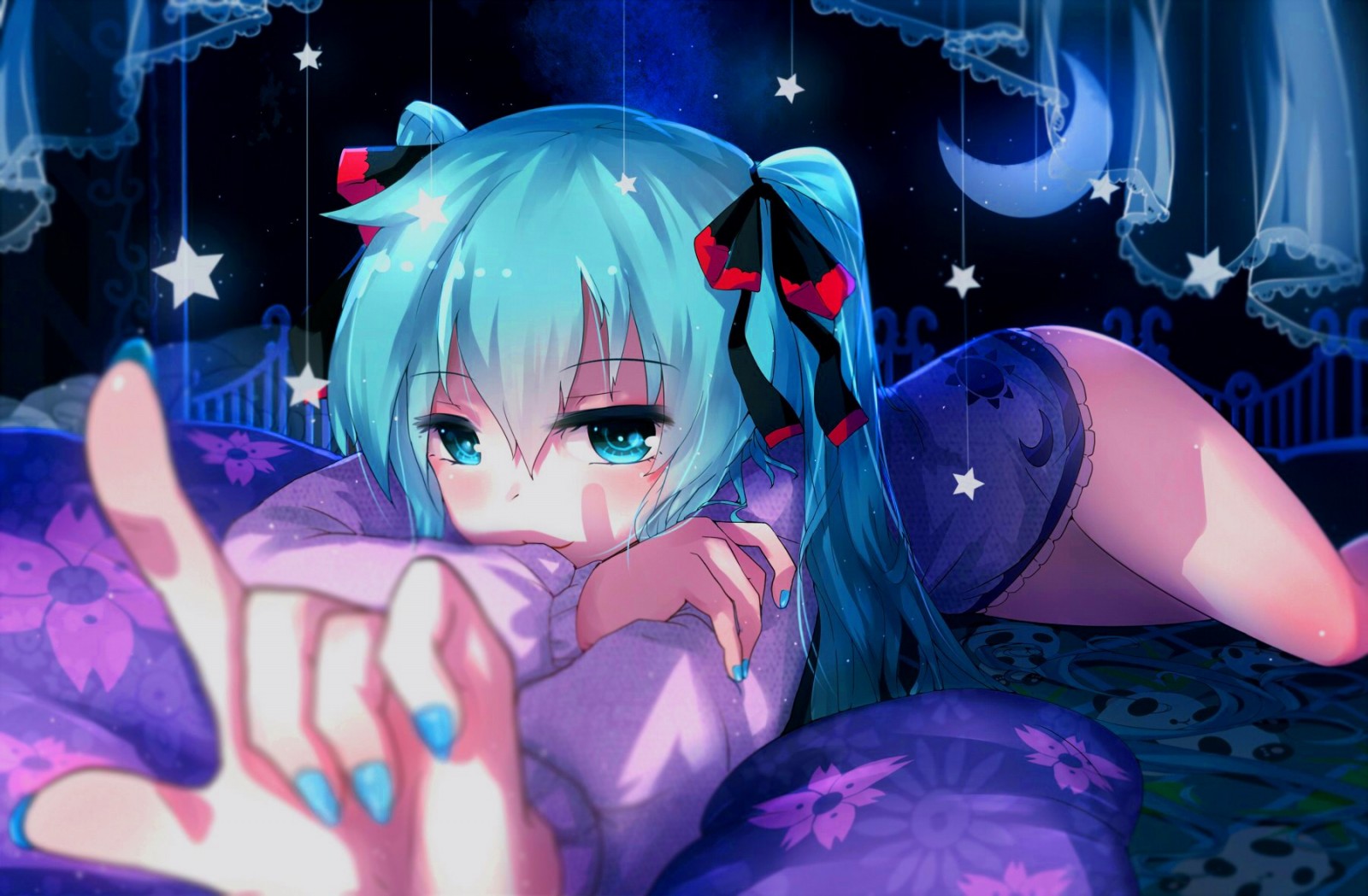 Hatsune Miku lying on a bed at night HD Wallpaper